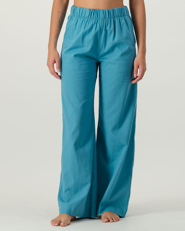Womens Linen Pants Teal Front - Woodstock Laundry