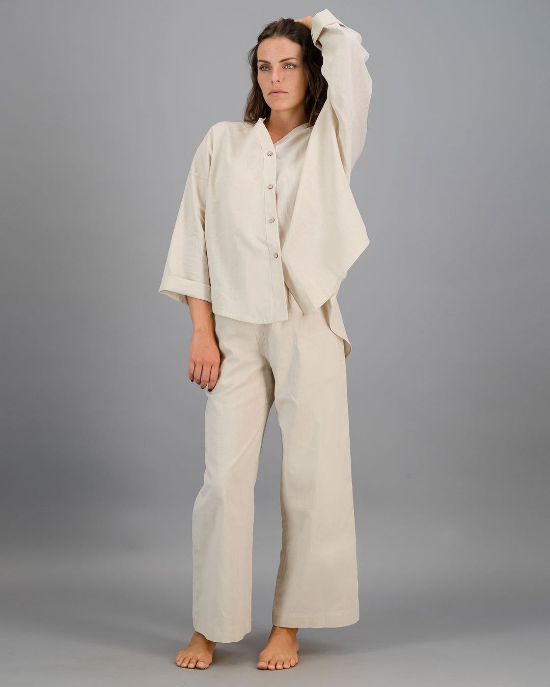 Womens Linen Flow Shirt - Natural Sand Front - Woodstock Laundry