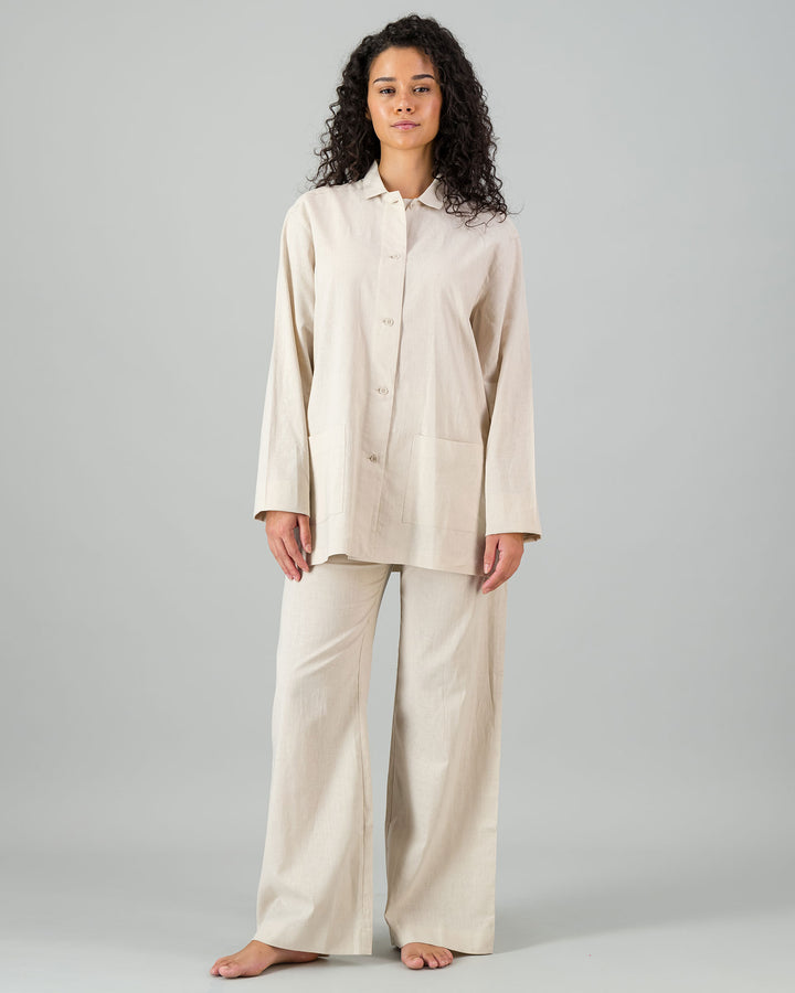 Womens Linen Shacket Sand Front - Woodstock Laundry