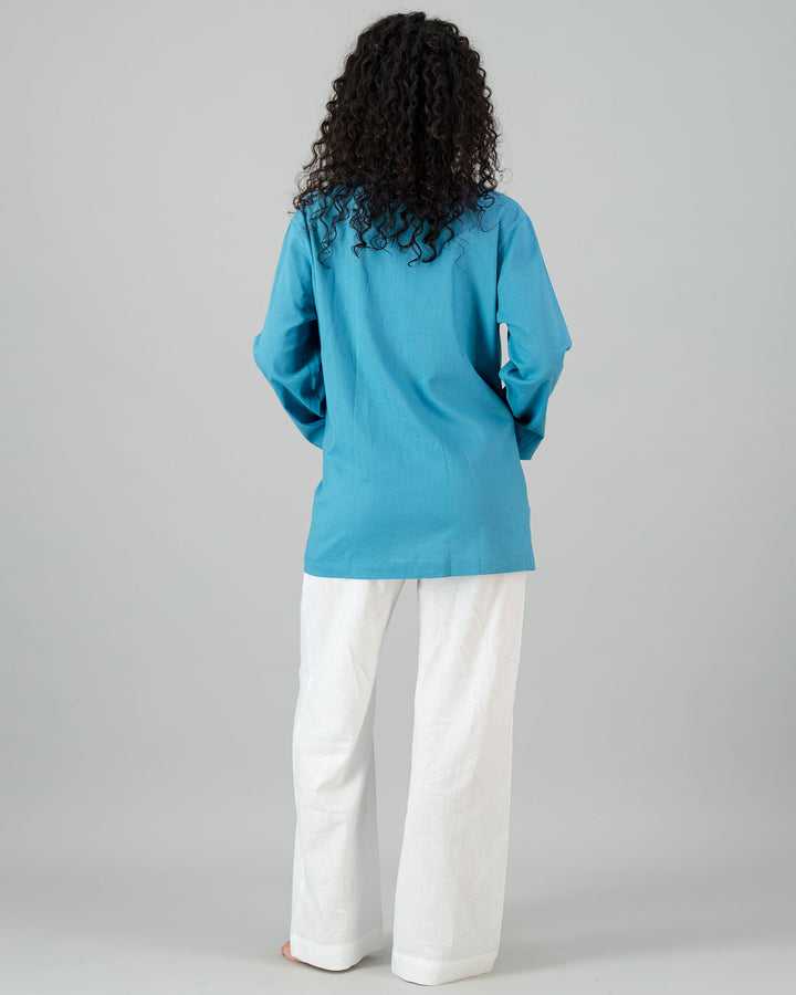 Womens Linen Shacket Teal Back - Woodstock Laundry