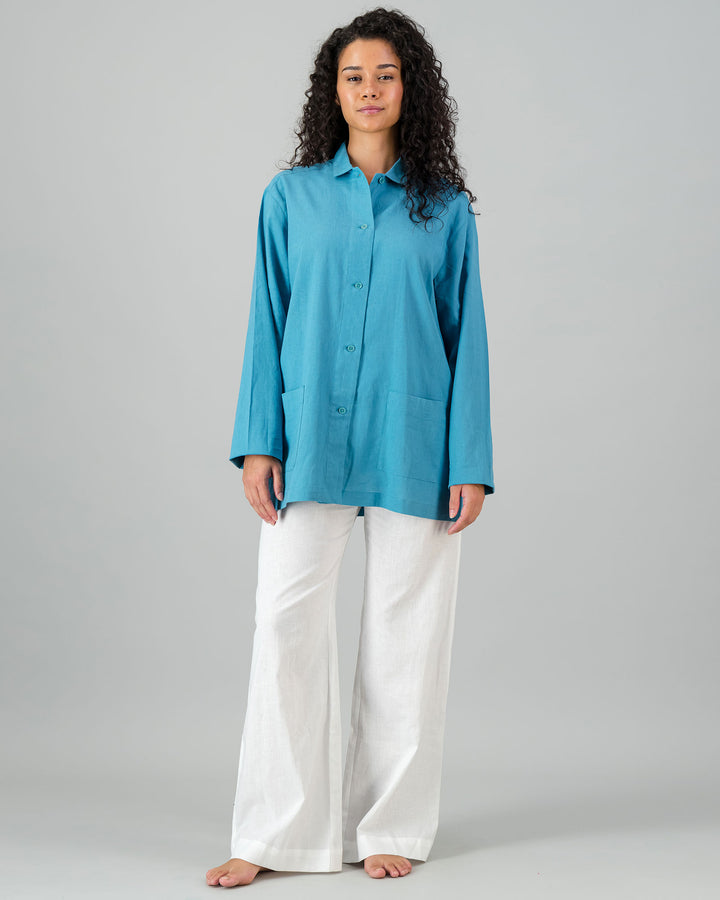 Womens Linen Shacket Teal Front - Woodstock Laundry
