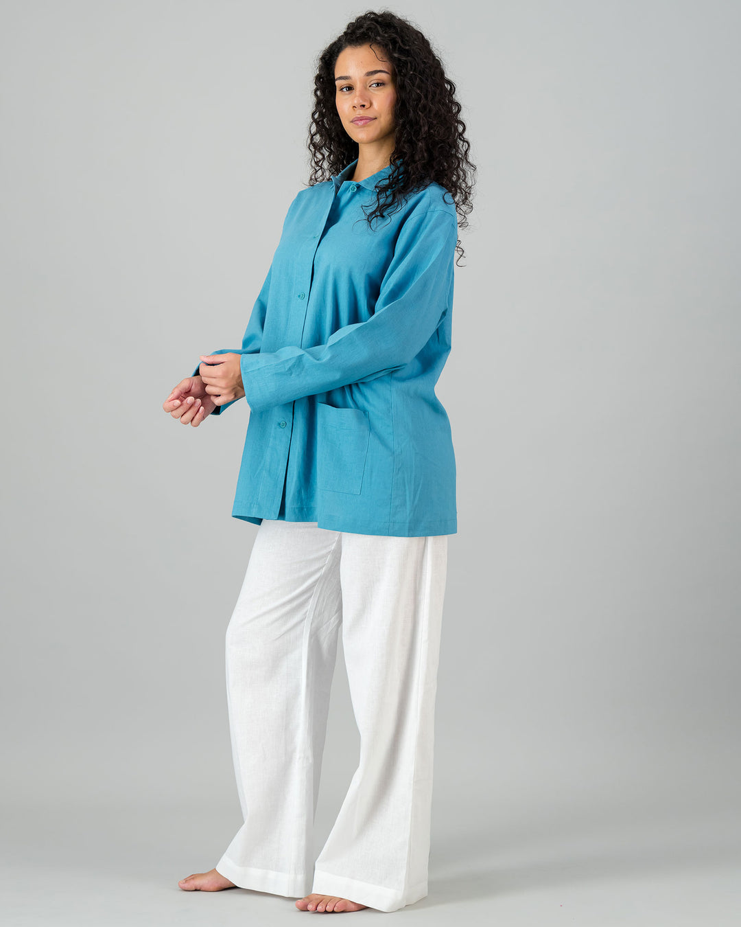 Womens Linen Shacket Teal Side - Woodstock Laundry