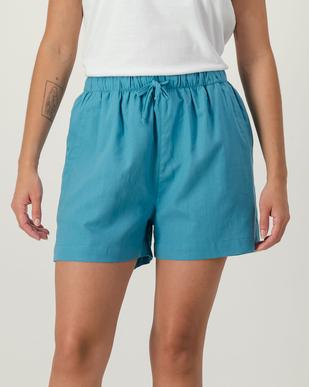 Womens Linen Shorts - Teal Front - Woodstock Laundry
