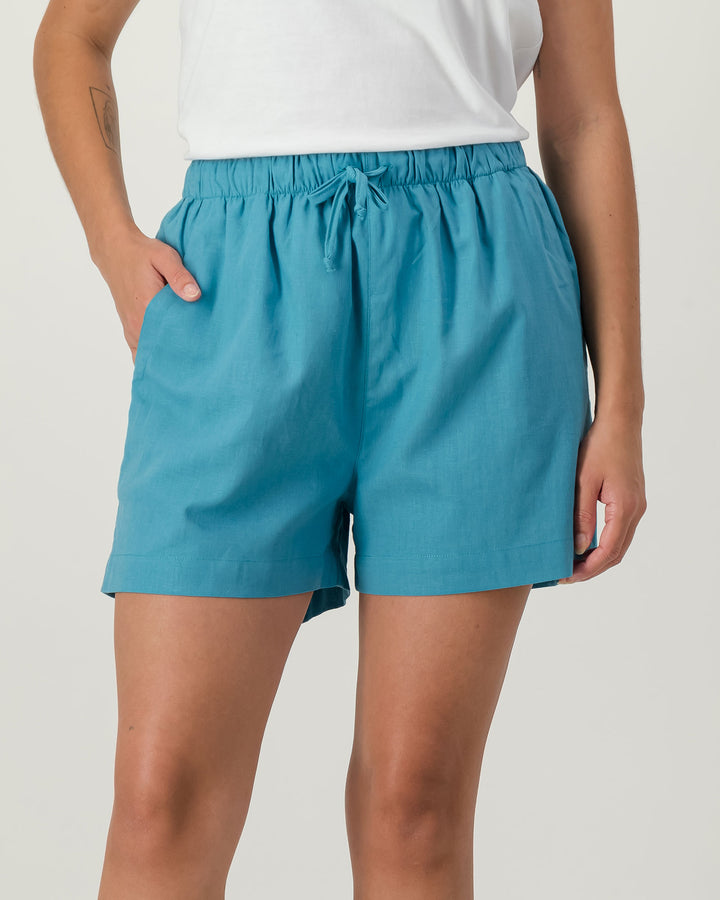 Womens Linen Shorts - Teal Front - Woodstock Laundry