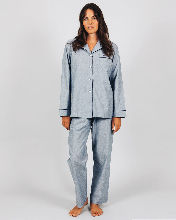 Womens Long Pyjamas Chambray Cloud Blue Front - Woodstock Laundry