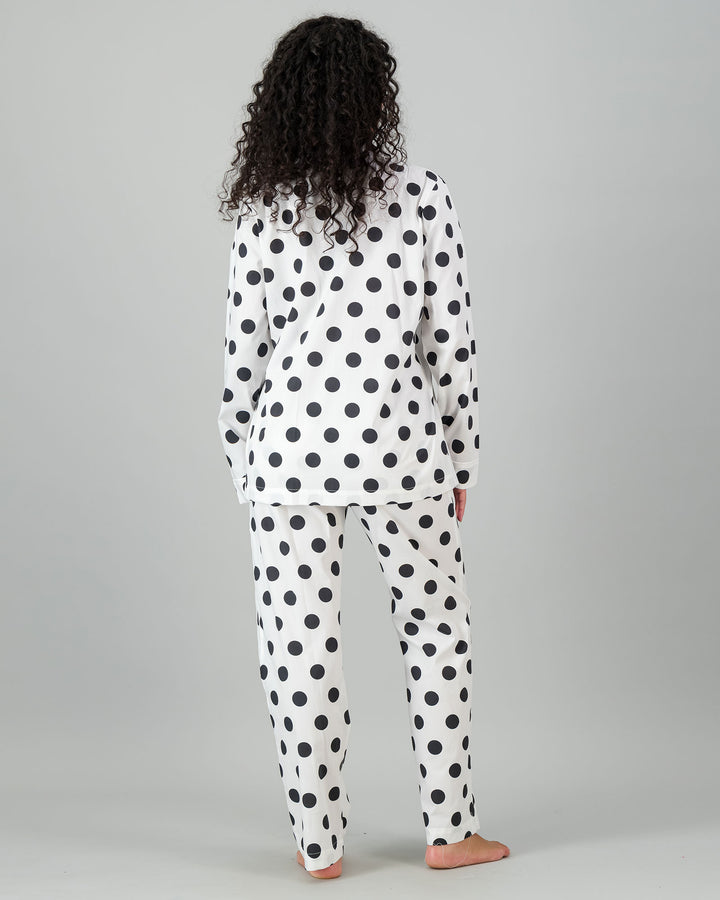 Womens Long Pyjamas - Black Polka on White Back - Woodstock Laundry
