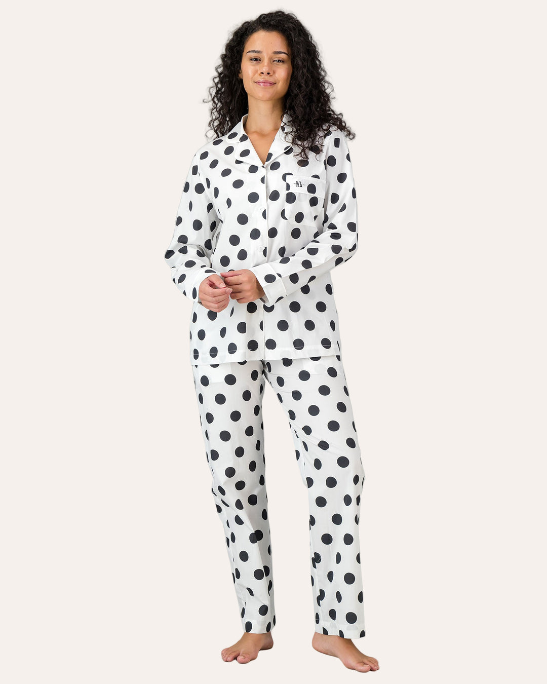 Womens Long Pyjamas Black Polkas – Woodstock Laundry SA