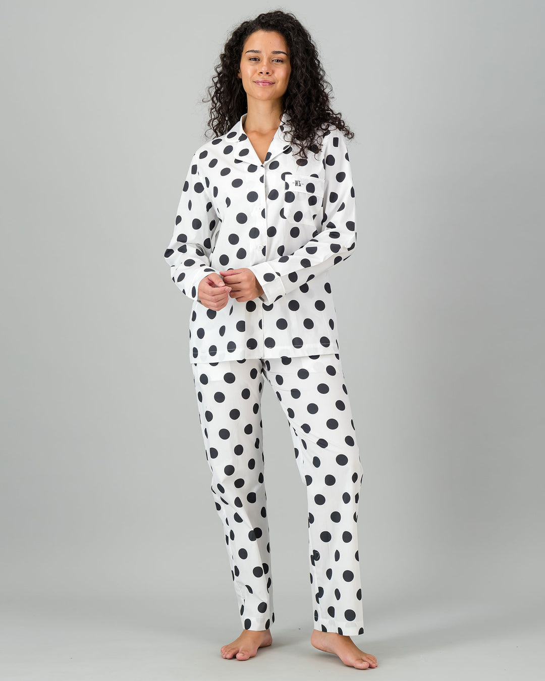 Womens Long Pyjamas - Black Polka on White Front - Woodstock Laundry