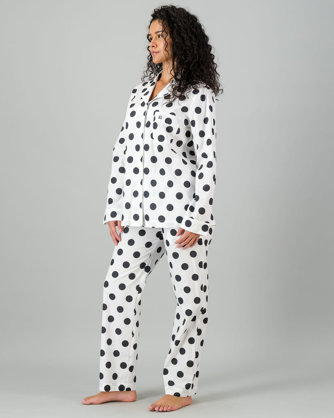 Womens Long Pyjamas - Black Polka on White Side - Woodstock Laundry