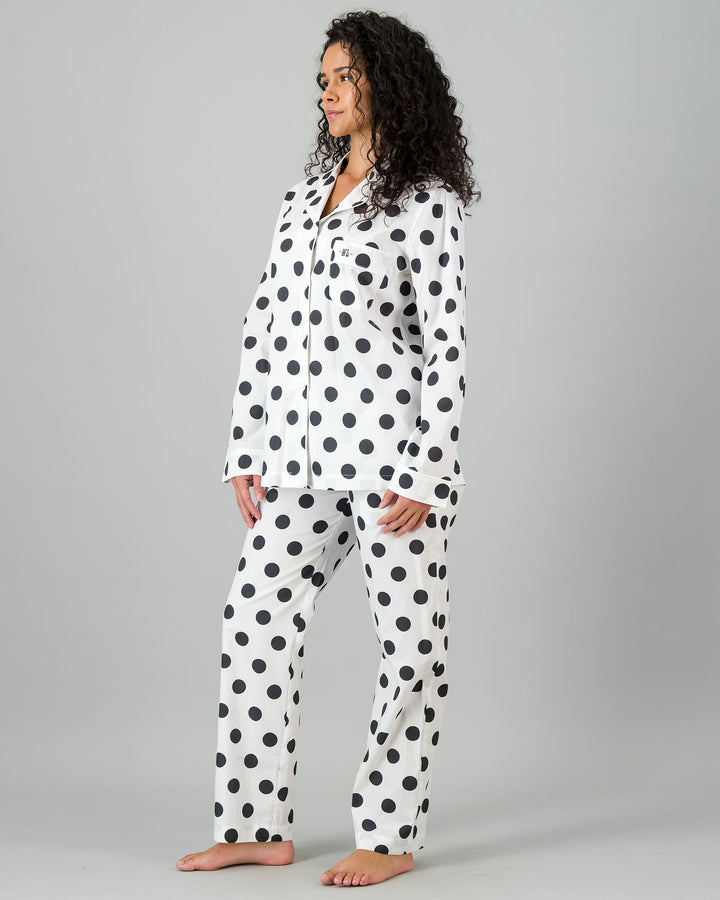 Womens Long Pyjamas - Black Polka on White Side - Woodstock Laundry