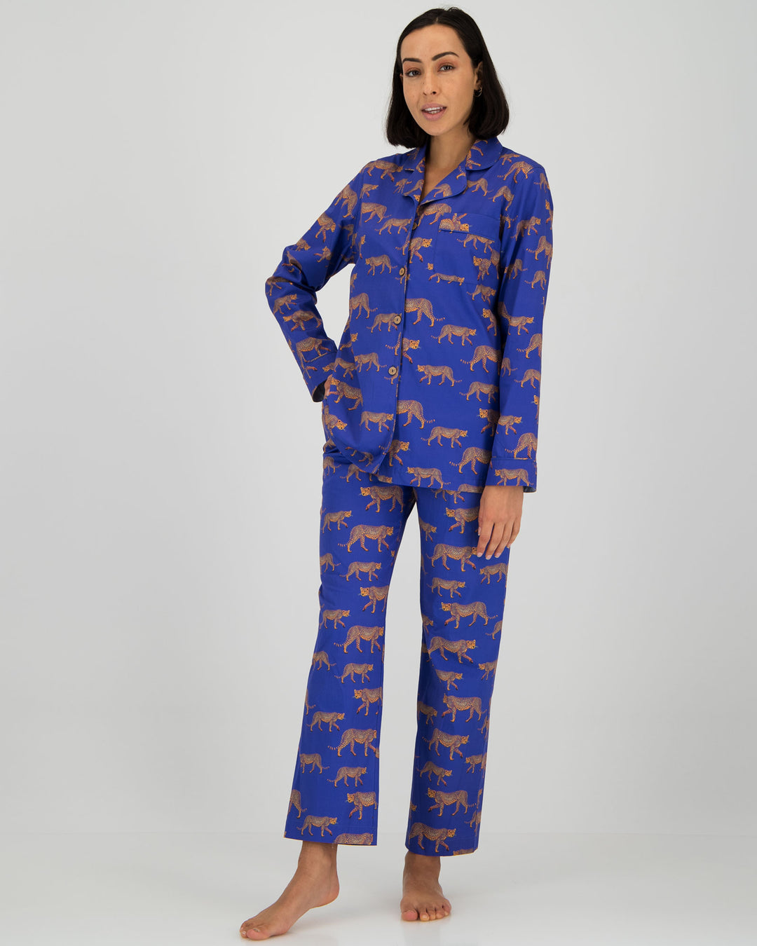 Womens Long Pyjamas - Cheetahs on Blue Front - Woodstok Laundry