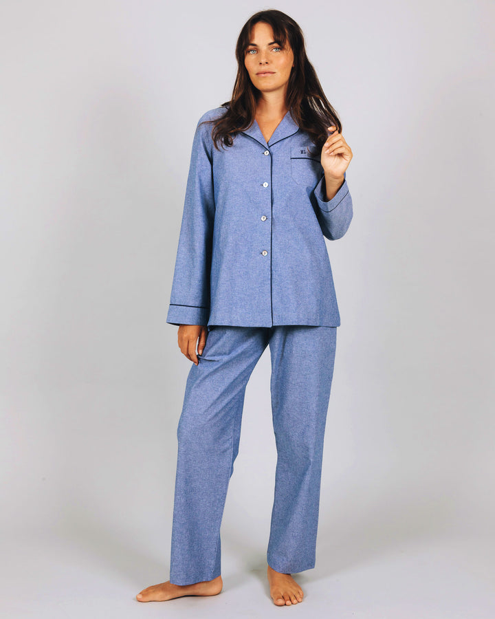 Womens Long Pyjamas Chambray Blue Sky Front - Woodstock Laundry