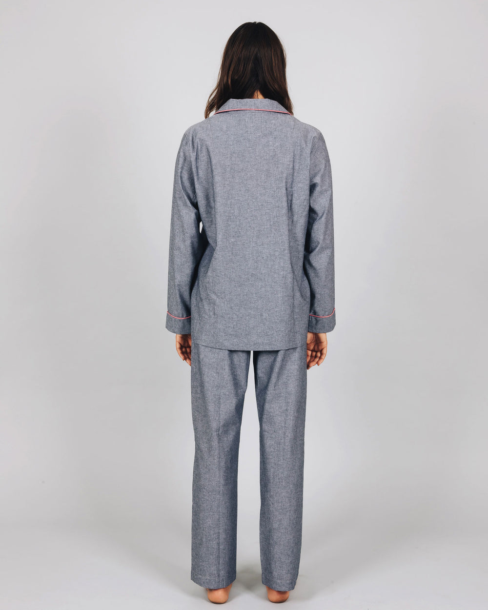 Womens Long Pyjamas Chambray Black Back - Woodstock Laundry