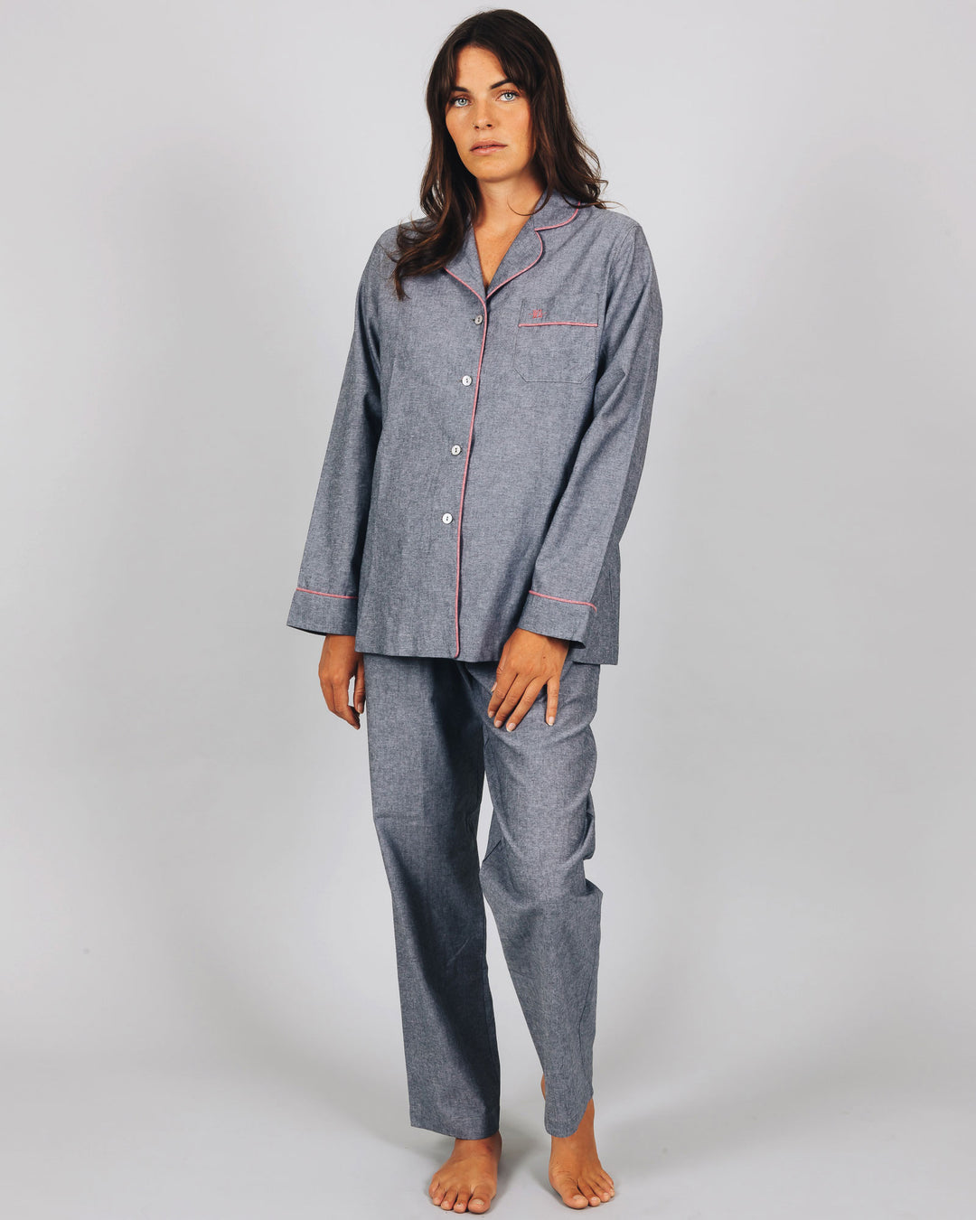 Womens Long Pyjamas Chambray Black Front - Woodstock Laundry