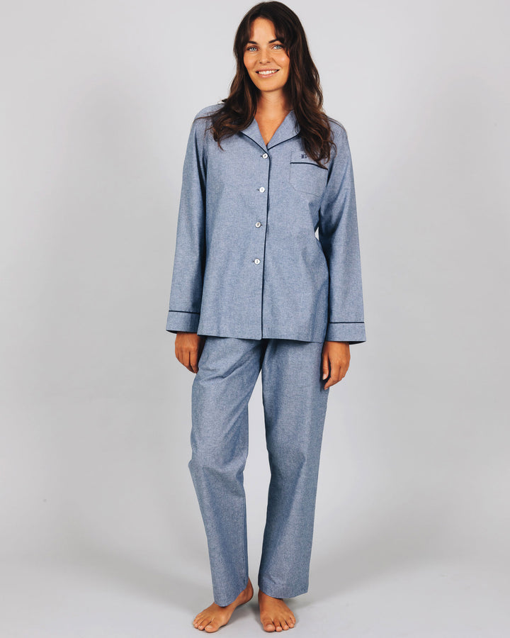 Womens Long Pyjamas Chambray Indigo Front - Woodstock Laundry