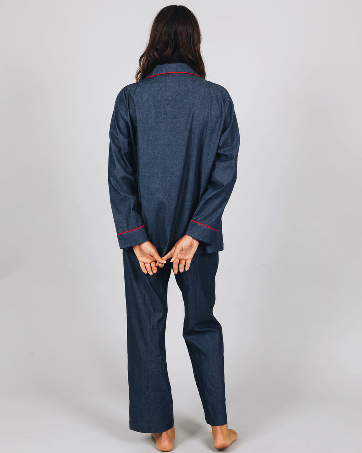 Womens Long Pyjamas Denim Dark Blue Back - Woodstock Laundry