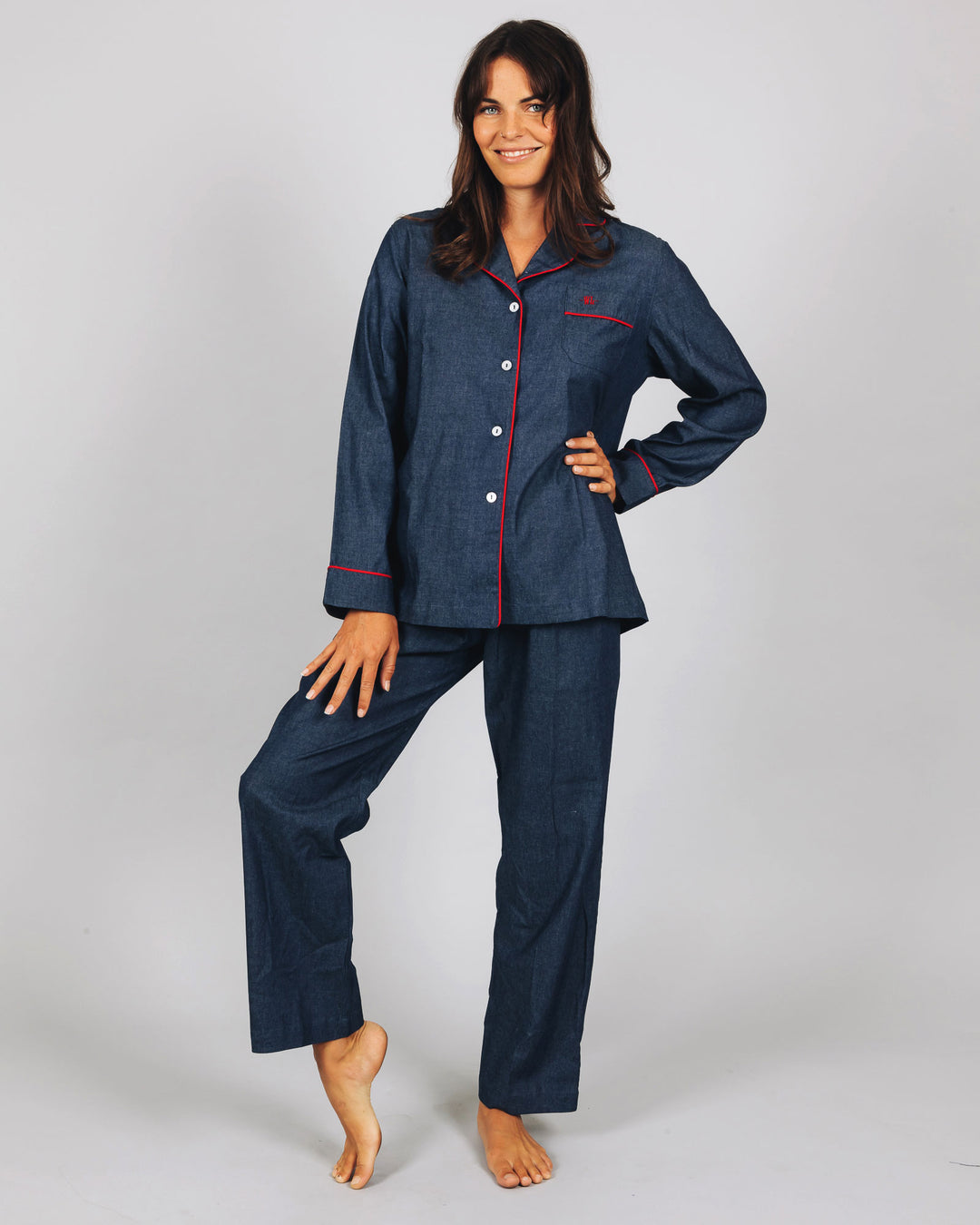 Womens Long Pyjamas Denim Dark Blue Front - Woodstock Laundry
