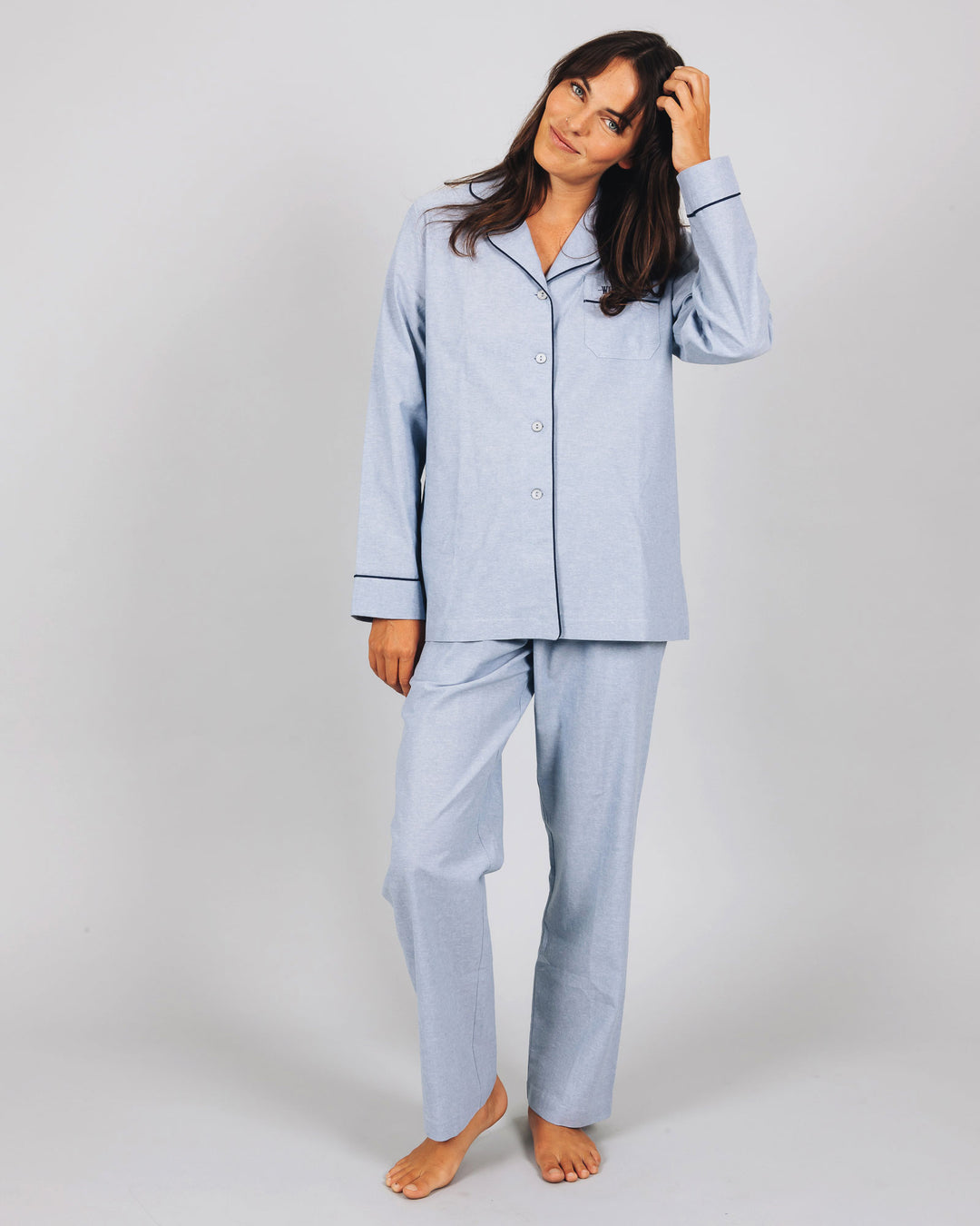 Womens Long Pyjamas Denim Light Blue Front - Woodstock Laundry