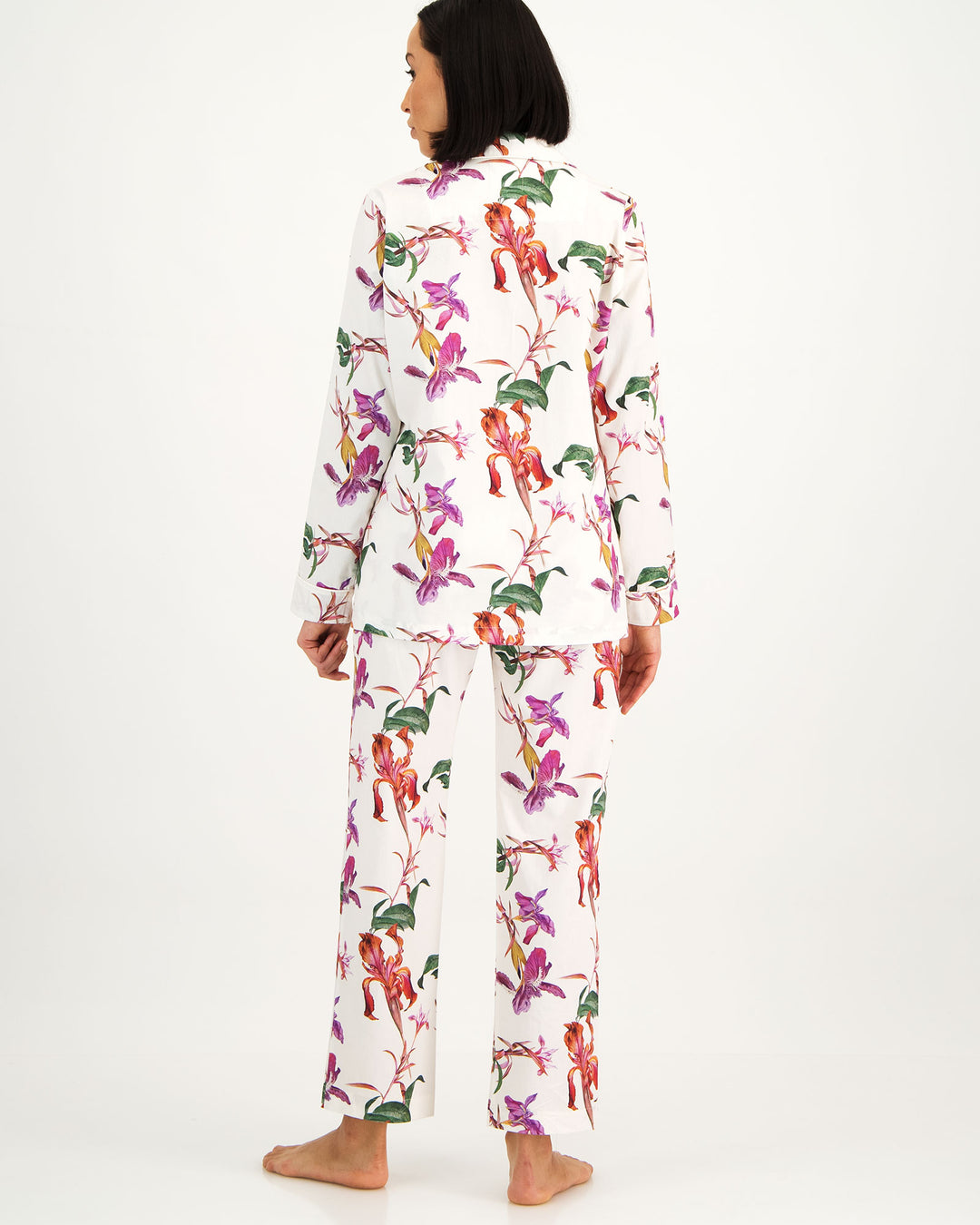 Womens Long Pyjamas - Iris on White Back - Woodstock Laundry