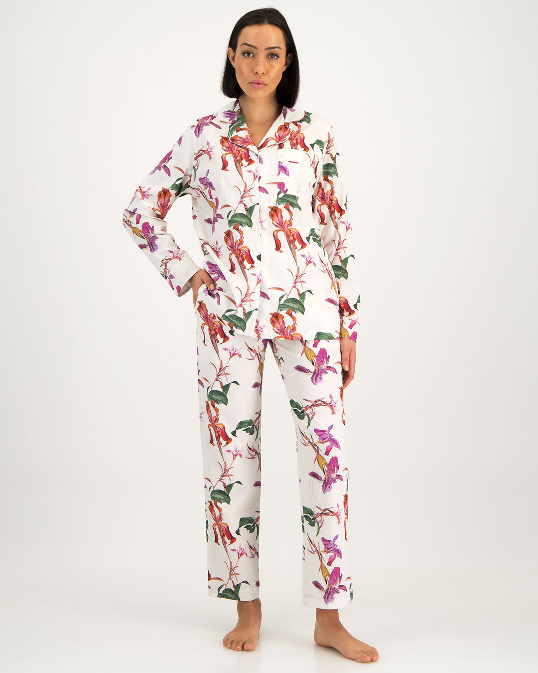 Womens Long Pyjamas - Iris on White Front - Woodstock Laundry