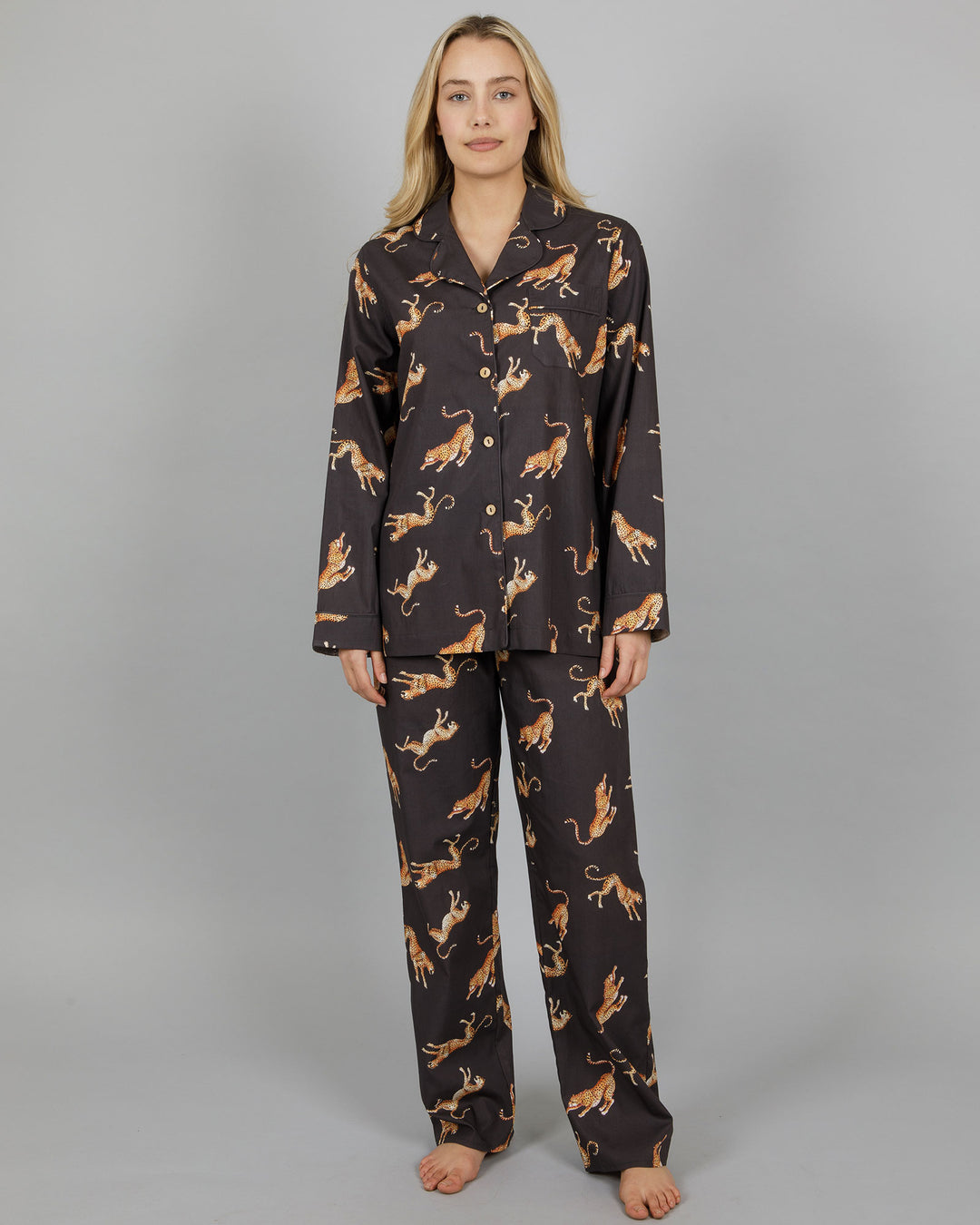 Womens Long Pyjamas Jumping Cheetahs Front - Woodstock Laundry