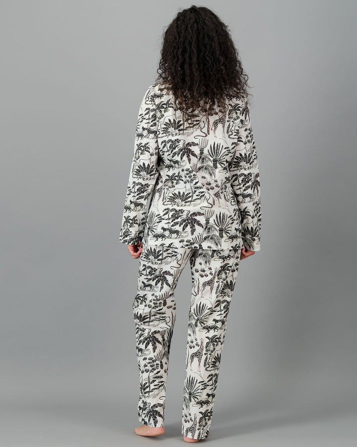 Womens Long Pyjamas - Black Mono Safari on White Back - Woodstock Laundry