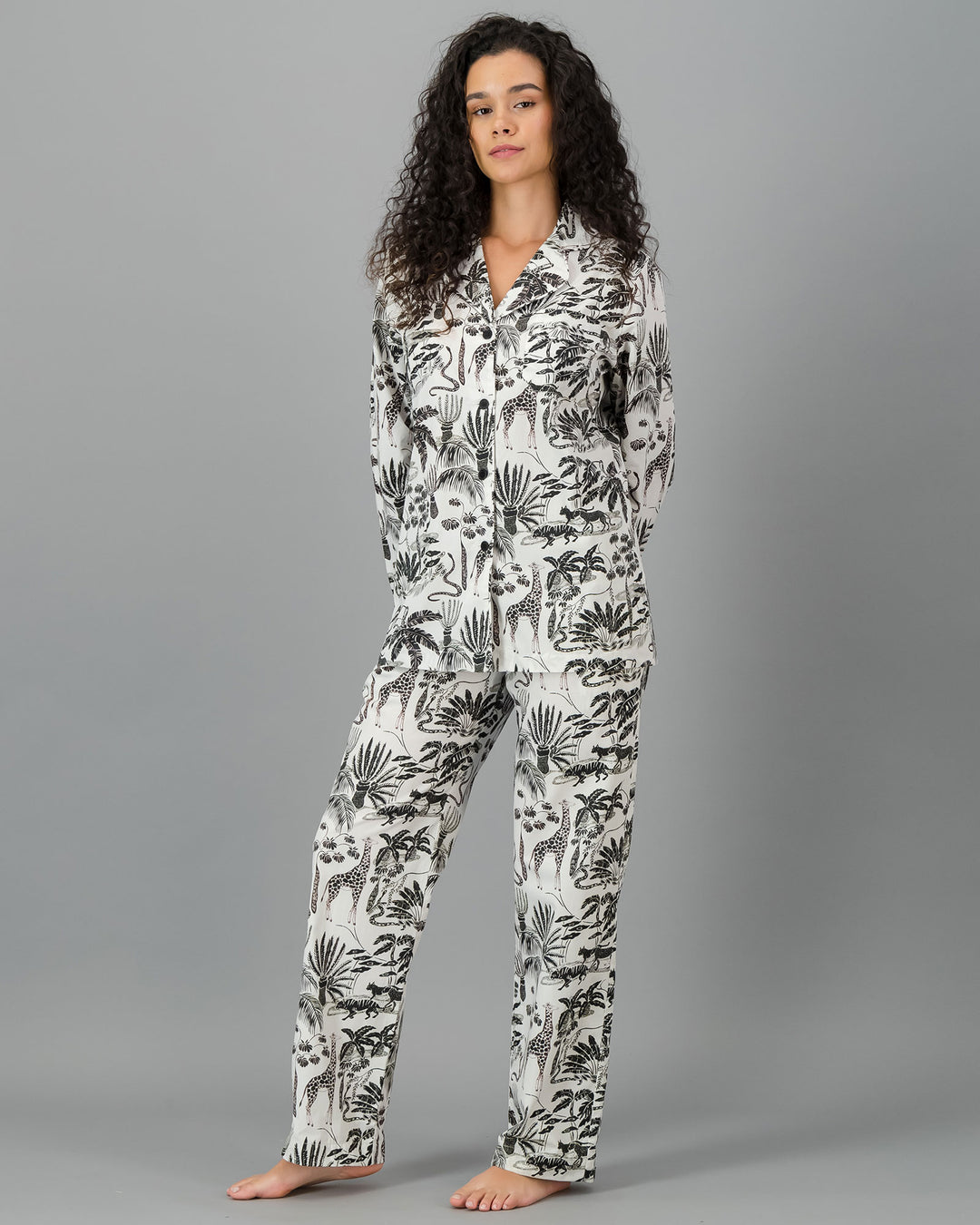 Womens Long Pyjamas - Black Mono Safari on White Front - Woodstock Laundry
