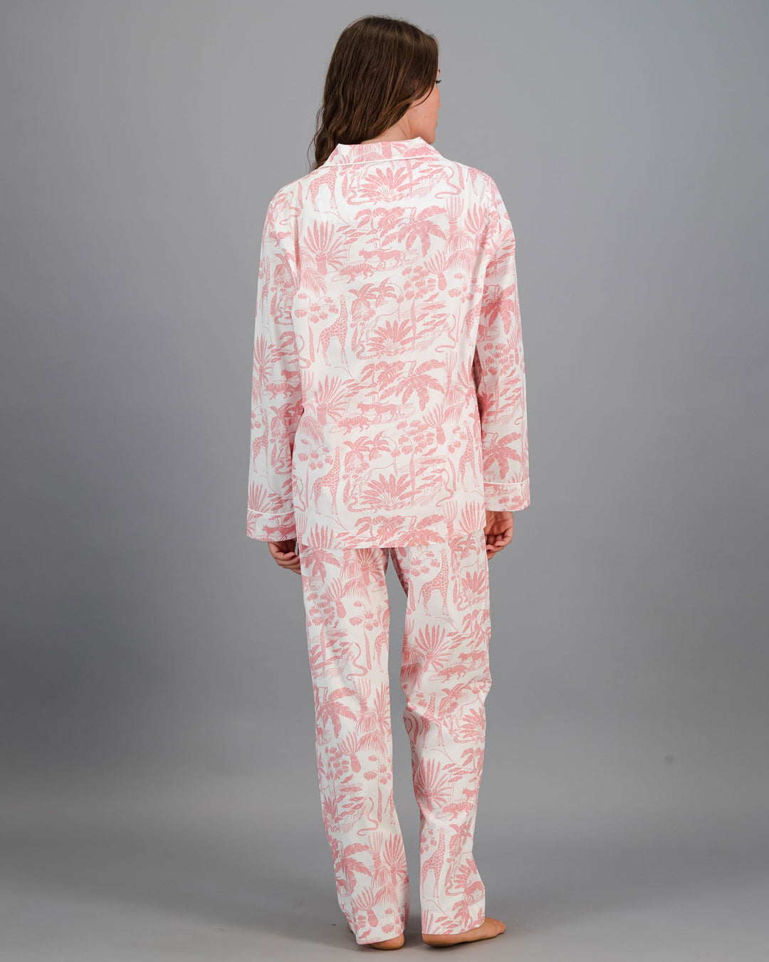 Womens Long Pyjamas Mono Safari Pink Back - Woodstock Laundry