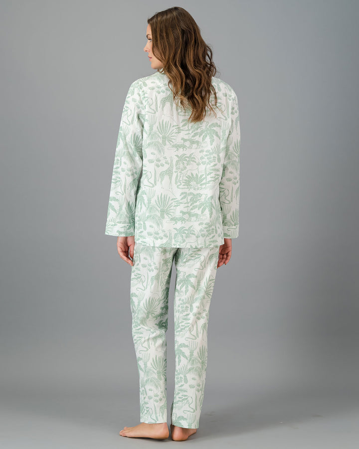 Womens Long Pyjamas - Sage Mono Safari on White Back - Woodstock Laundry