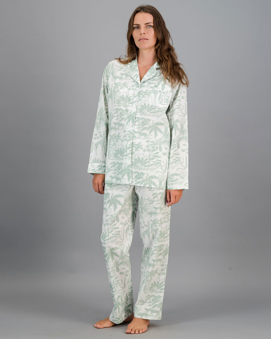 Womens Long Pyjamas - Sage Mono Safari on White Front - Woodstock Laundry