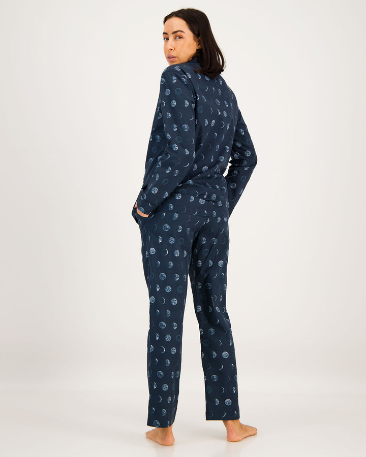 Womens Long Pyjamas - Moons on Navy Back
