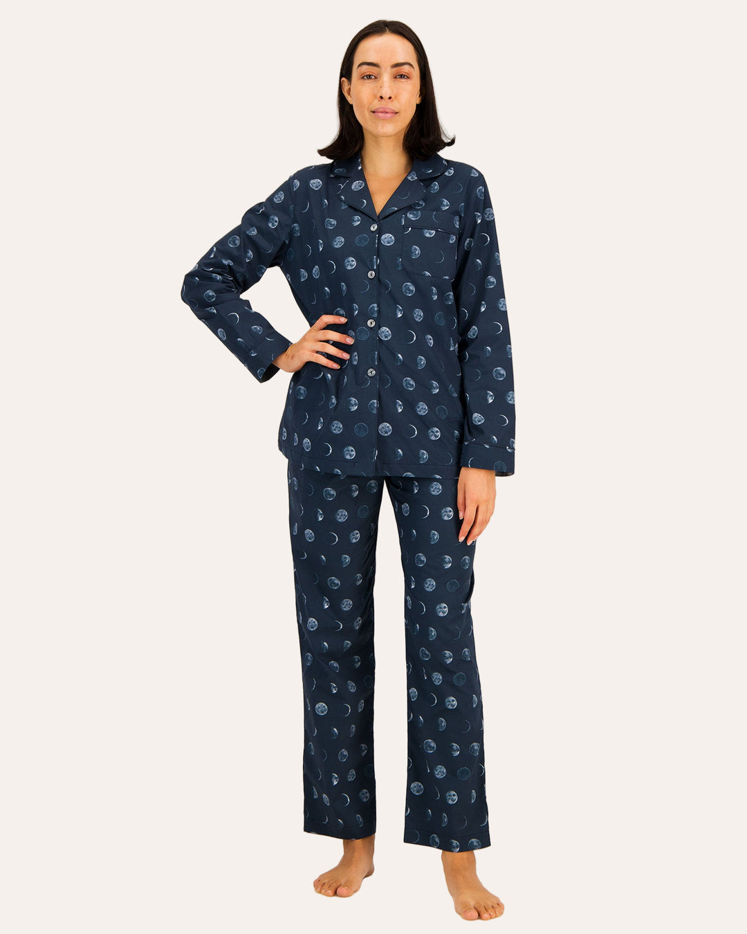 Womens Long Pyjamas - Moons on Navy Front