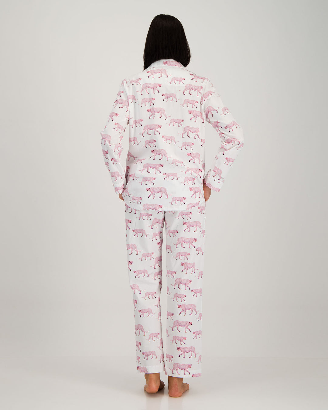 Womens Woven Long Pyjamas Pink Cheetah Back - Woodstock Laundry