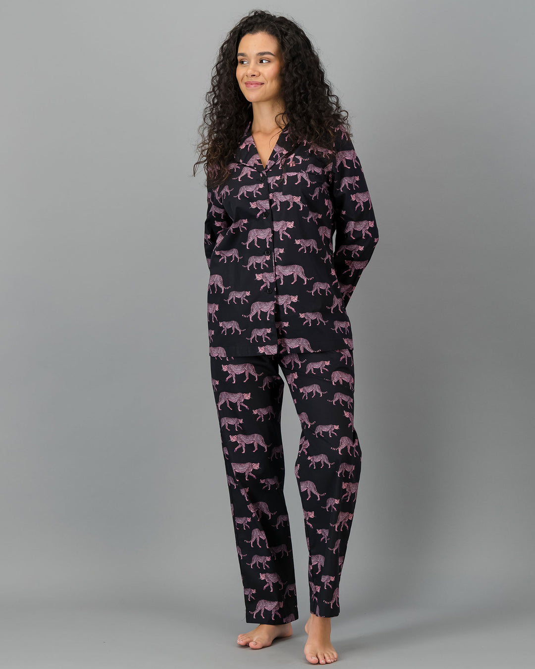 Womens Long Pyjamas - Leopard Skin on Pink Front - Woodstock Laundry