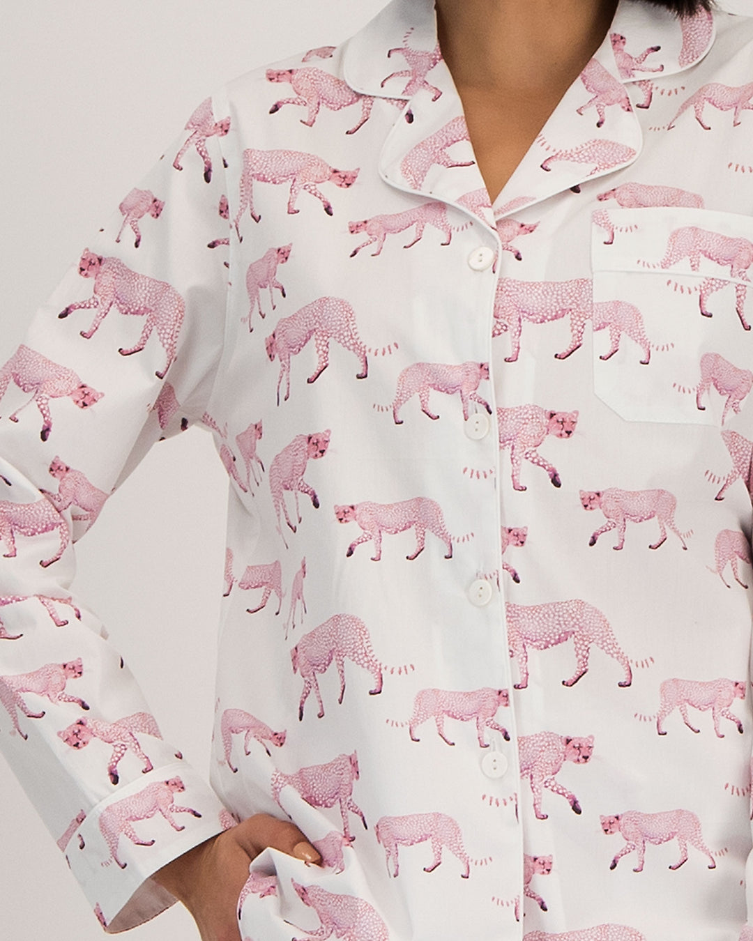 Womens Woven Long Pyjamas Pink Cheetah Close - Woodstock Laundry