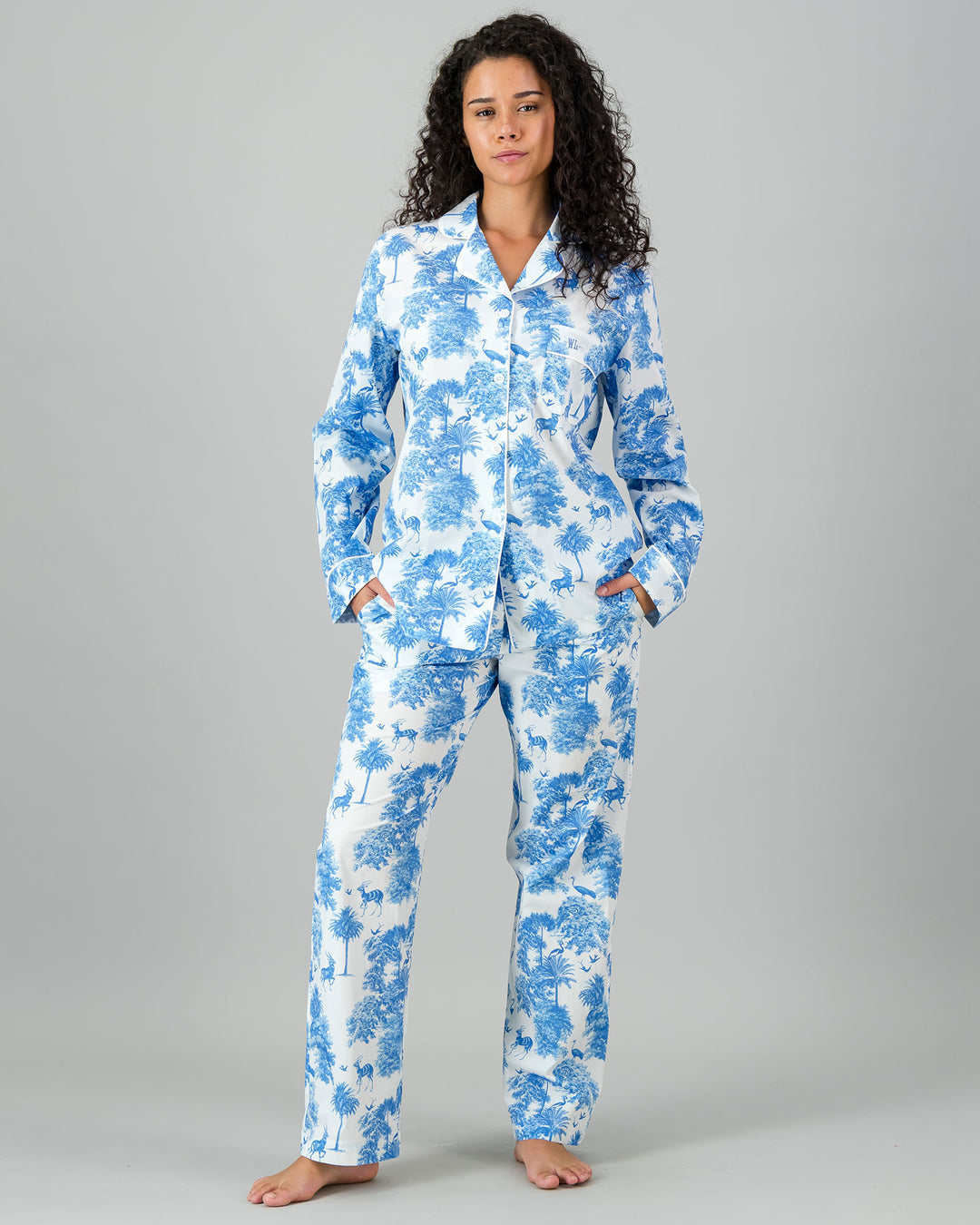Womens Long Pyjamas - Blue Tropicana on White Front - Woodstock Laundry