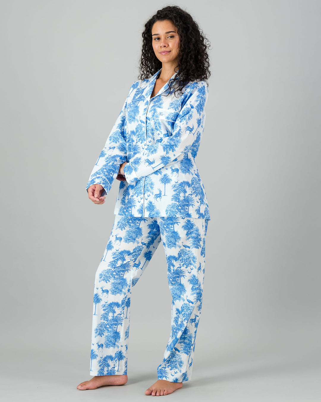 Womens Long Pyjamas - Blue Tropicana on White Side - Woodstock Laundry