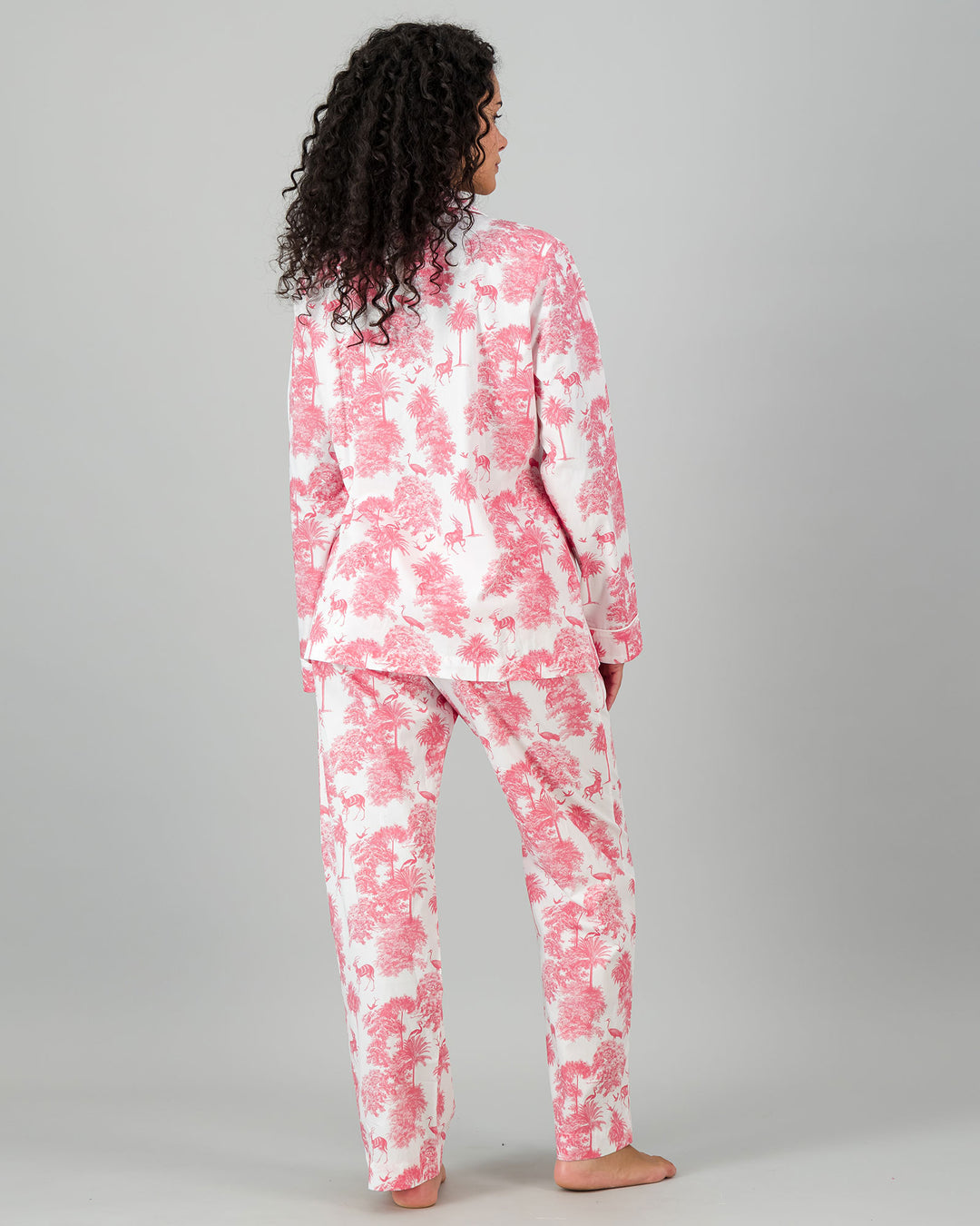 Womens Long Pyjamas - Pink Tropicana on White Back - Woodstock Laundry