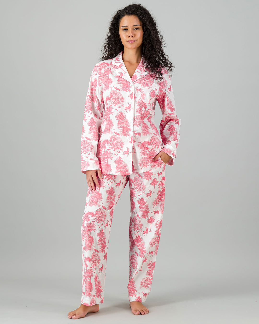 Womens Long Pyjamas - Pink Tropicana on White Front - Woodstock Laundry