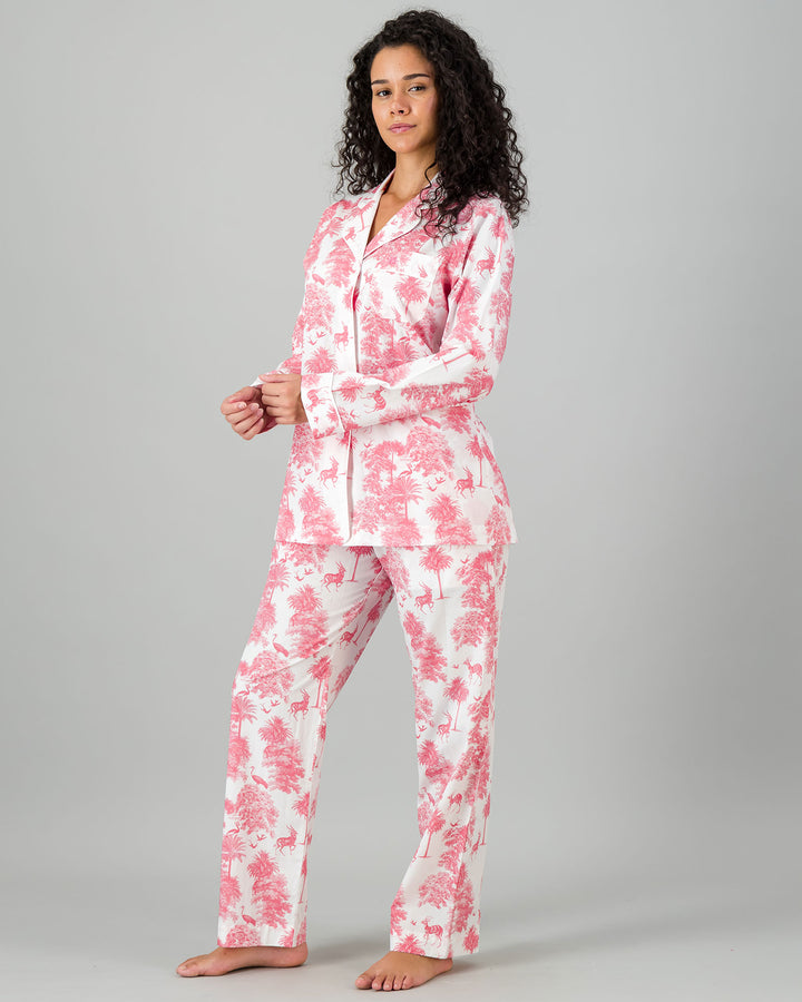 Womens Long Pyjamas - Pink Tropicana on White Side - Woodstock Laundry