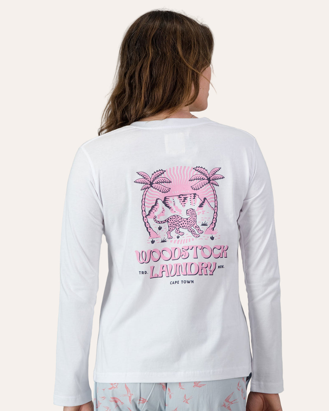 Womens Long-Sleeve T-Shirt - Pink Leopard on White Back