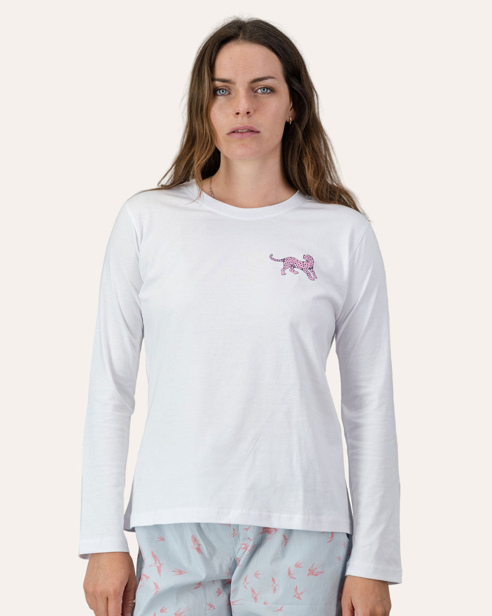 Womens Long-Sleeve T-Shirt - Pink Leopard on White Front