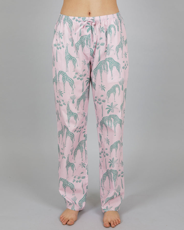 Womens Lounge Pants Giraffes Pink Front - Woodstock Laundry