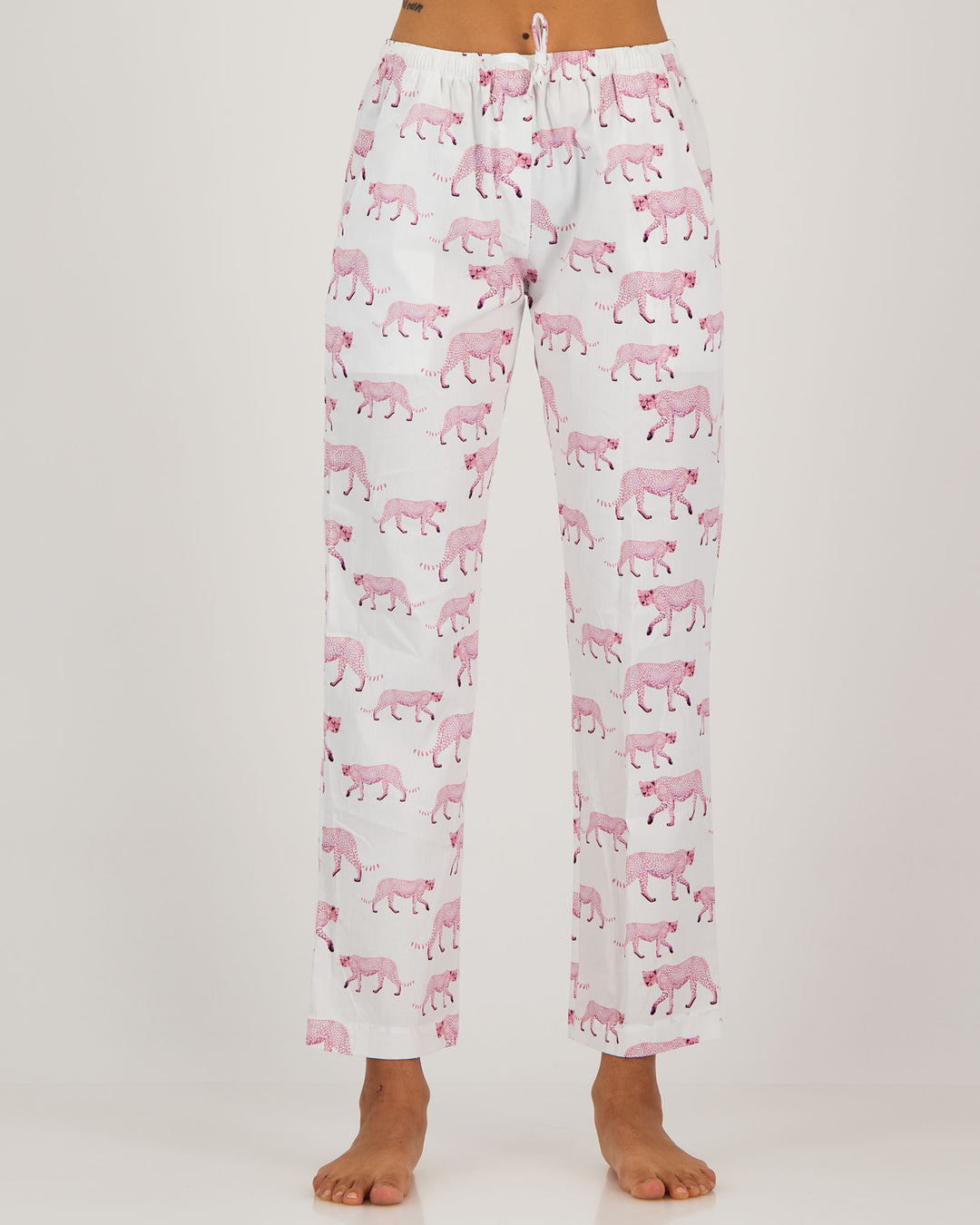 Womens Lounge Pants Pink Cheetahs Front - Woodstock Laundry