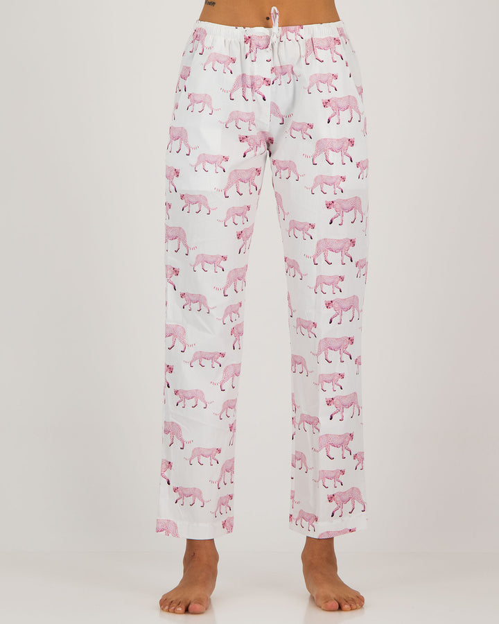 Womens Lounge Pants Pink Cheetahs Front - Woodstock Laundry