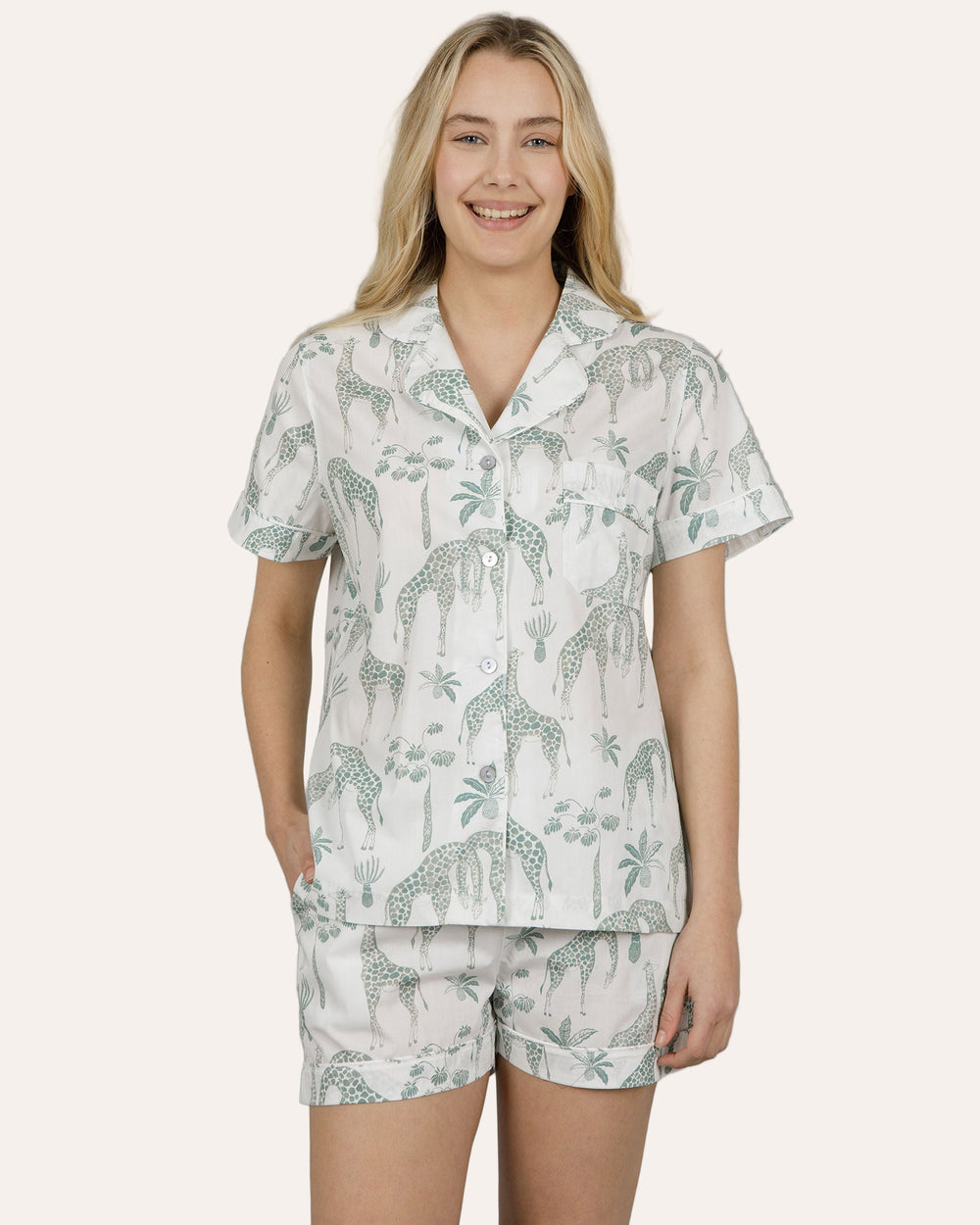 Womens Short Pyjamas - Green Giraffes on White Front - Woodstock Laundry