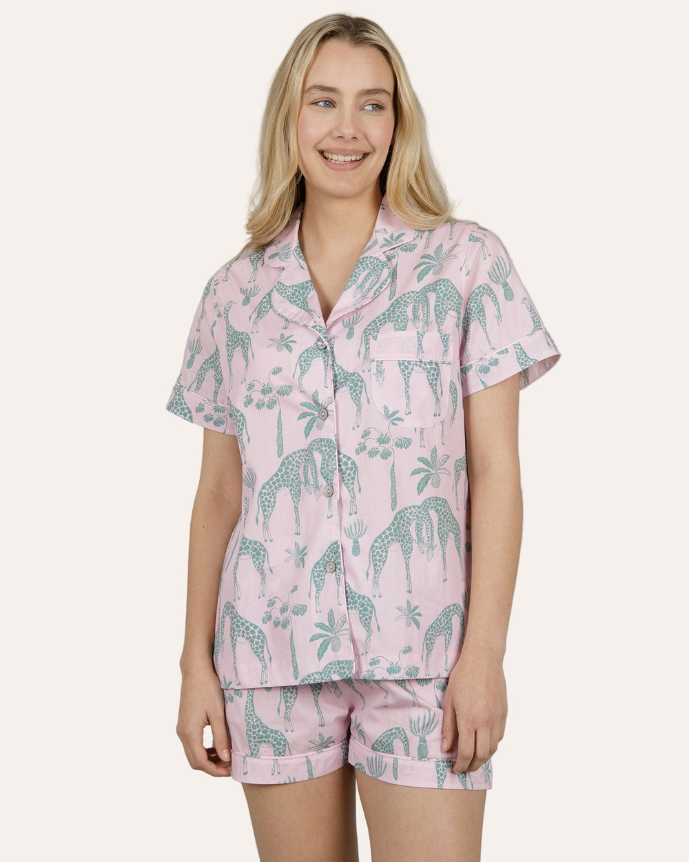 Womens Short Pyjamas Giraffes Pink Front - Woodstock Laundry
