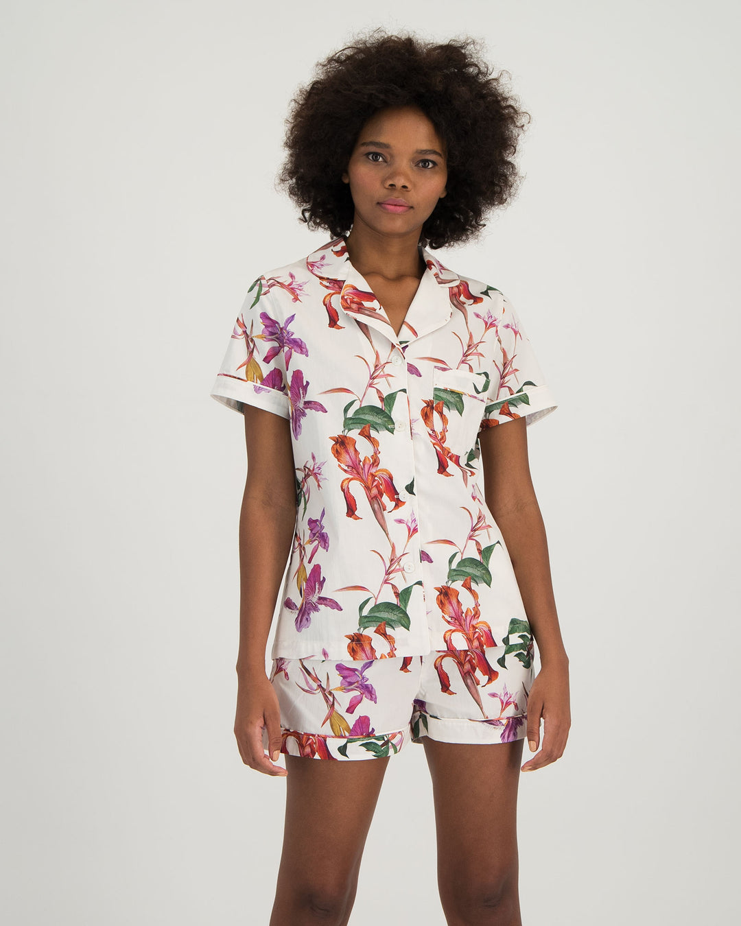 Womens Short Pyjamas - Iris on White Front - Woodstock Laundry