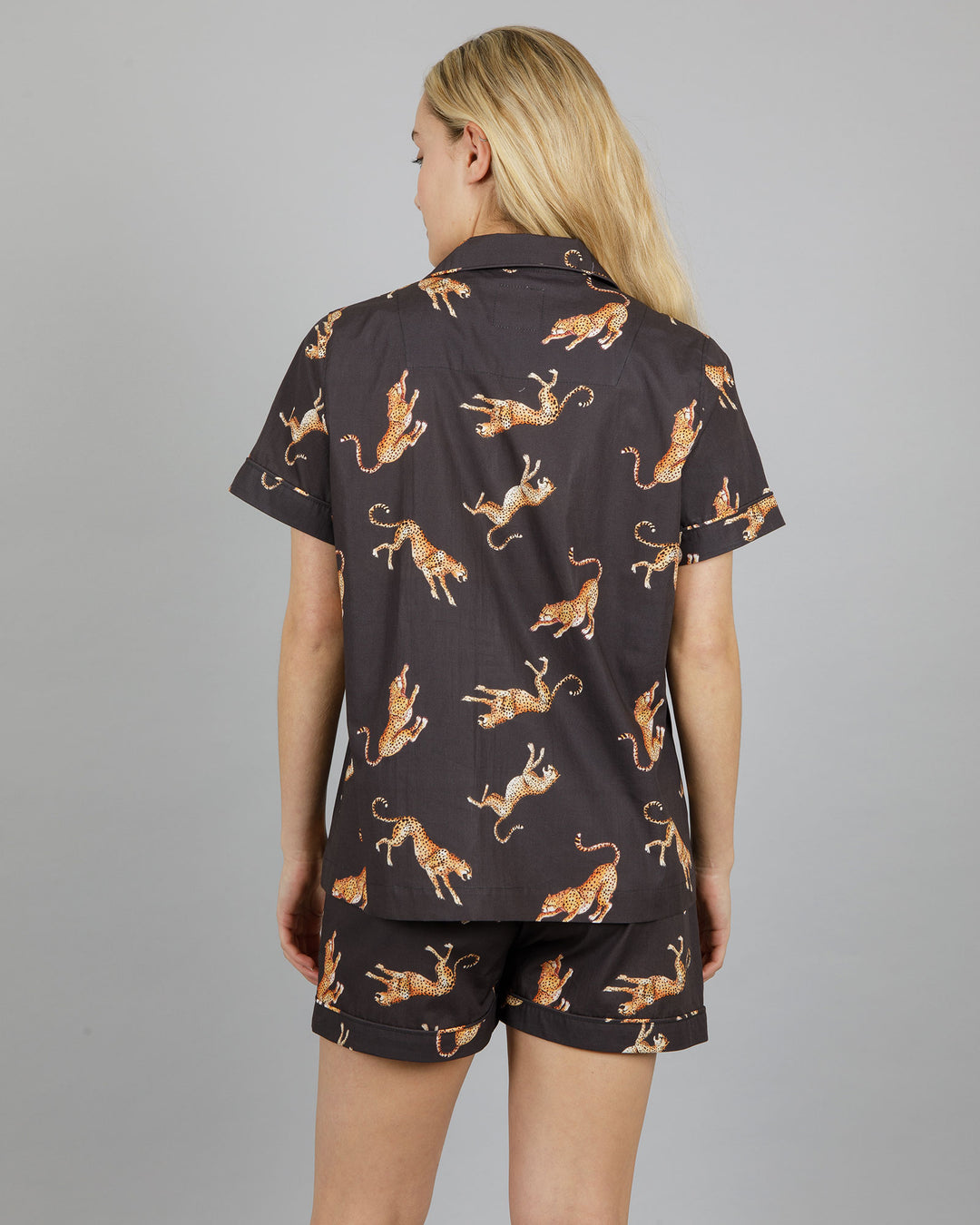 Womens Short Pyjamas - Jumping Cheetah on Charcoal Back - Woodstock Laundry