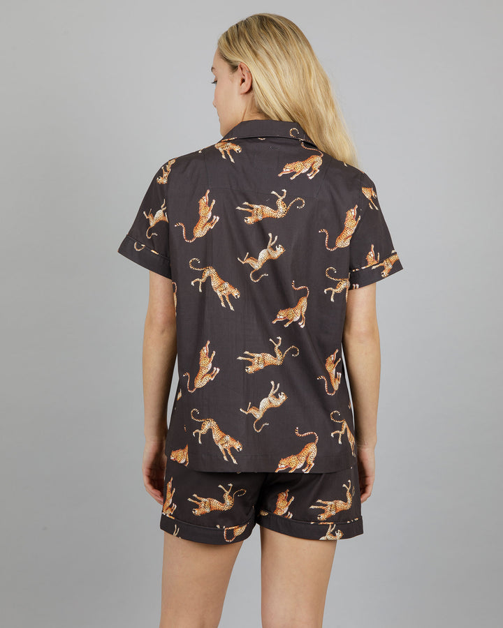 Womens Short Pyjamas - Jumping Cheetah on Charcoal Back - Woodstock Laundry